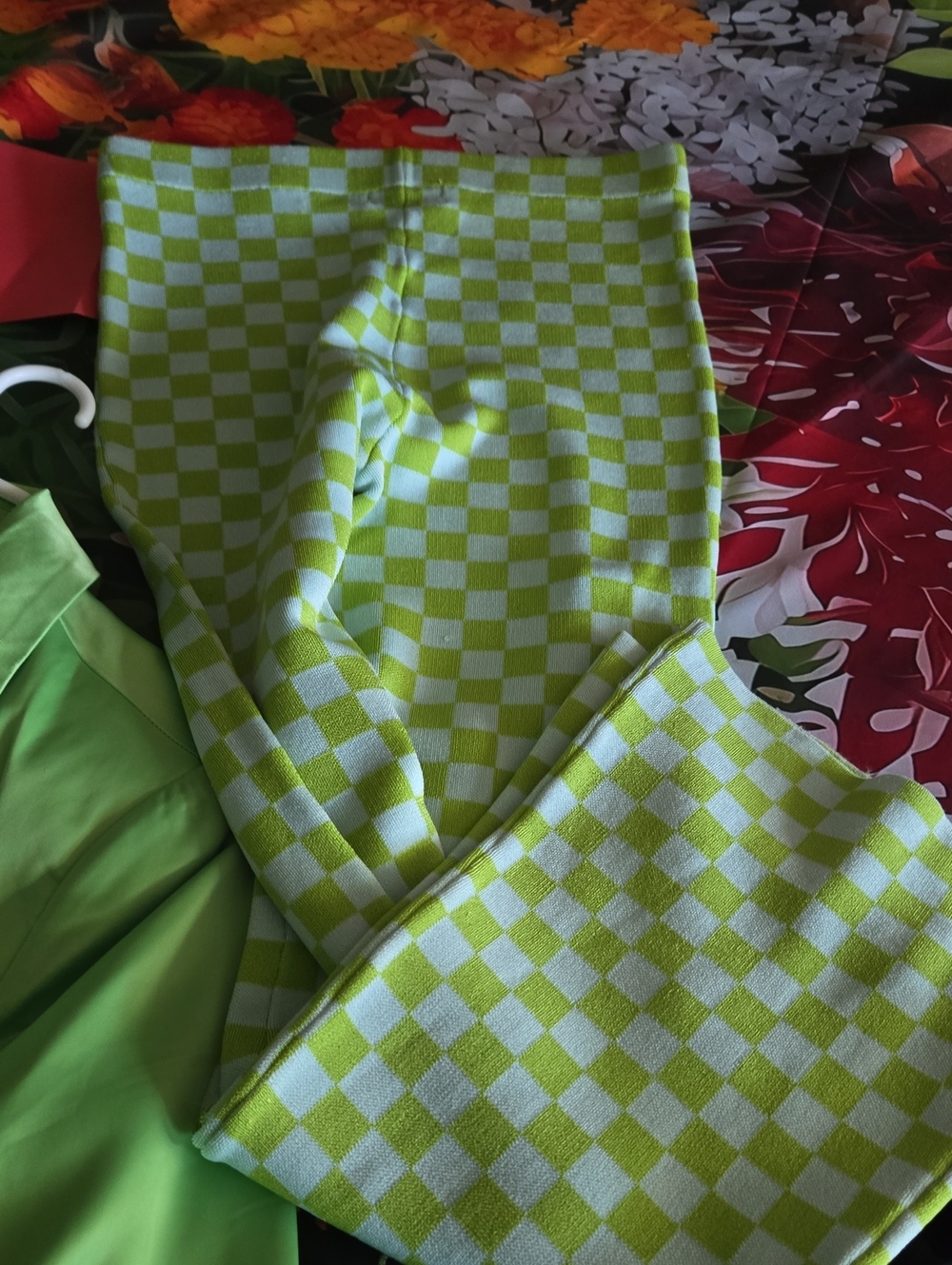 Checkerboard Knit Pants - Lime Green